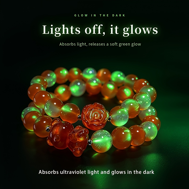 2pcs Cuddly Bear & Rose Bead Bracelet Set, Luminous Design